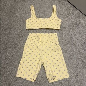 Yellow and bows sports bra biker shorts workout set